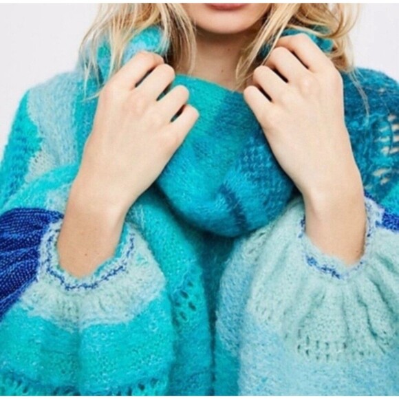 Free People Cloud Kicker Sweater XS S Ombre Blue Cowl Neck Alpaca Blend Balloon - Picture 2 of 12